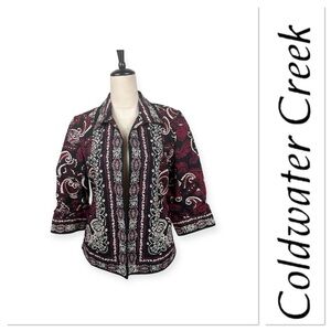 Coldwater Creek open front black, red, white print jacket size 8